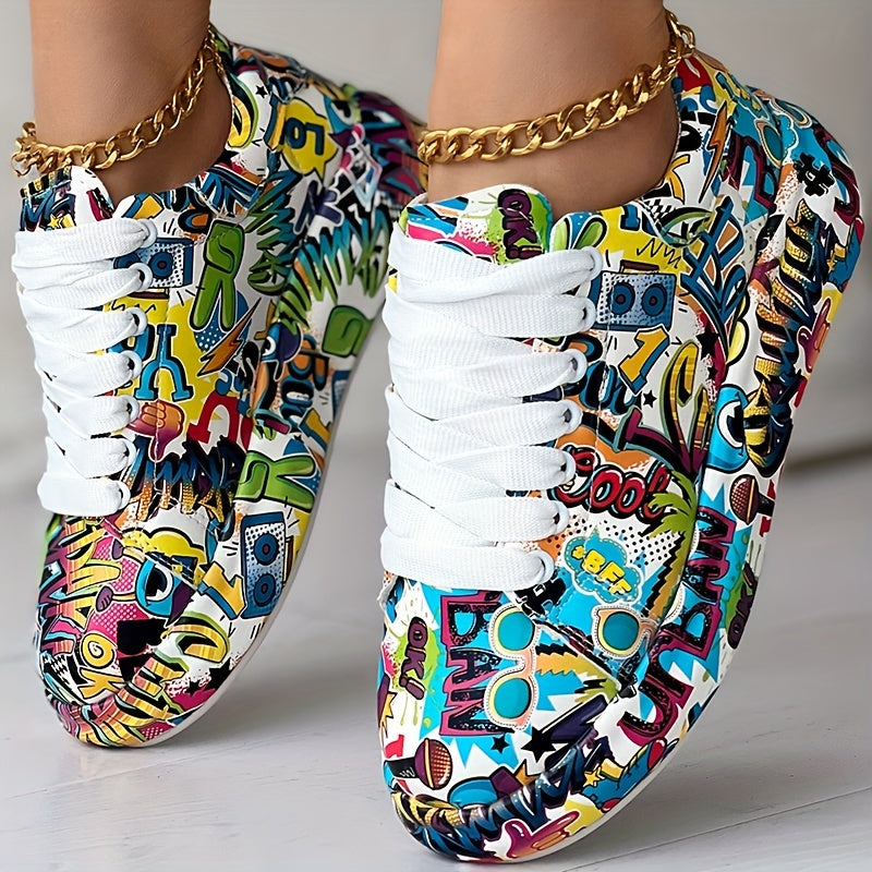 Womens Graffiti Art Sneakers - Stylish Lace-Up Platform Shoes with Comfortable Low Top Design - Perfect for Sports & Casual Wear - Fashionable Skate Style